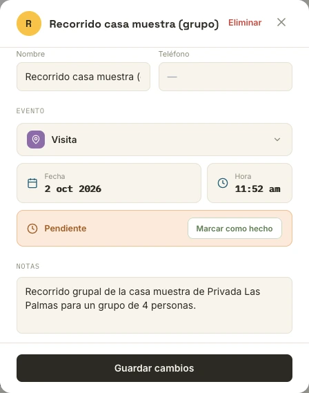 Detalle de un evento del calendario: tipo, fecha, hora, estatus y notas