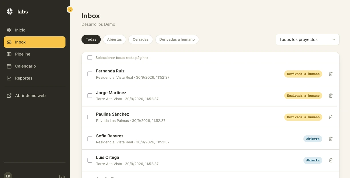 Inbox del portal de LABS con la lista de conversaciones y su estatus